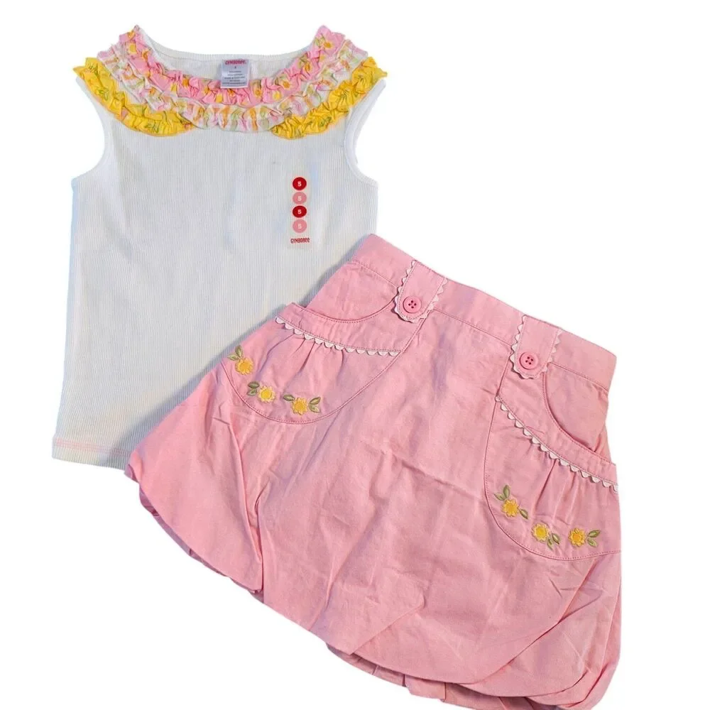 Vintage Gymboree Sunflower Fields Summer Outfit Size 5 Pink Skirt White Tank New